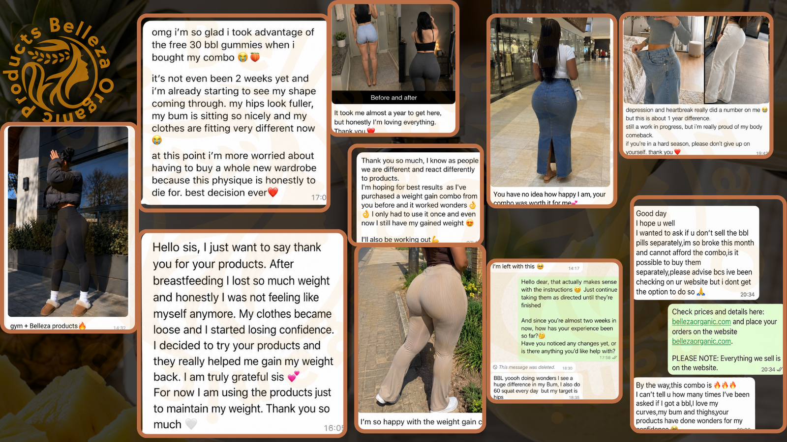 Collage of Belleza customer messages, progress photos and product experiences